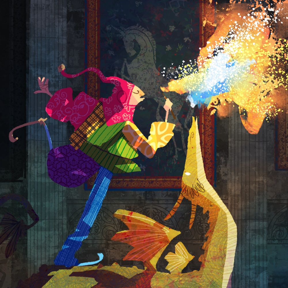 Drawing of a jester and a dragon firebreathing inside a castle.