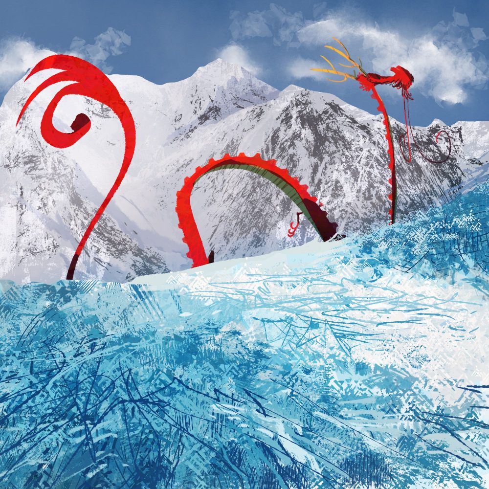 Drawing of a red dragon walking from left to right in the middle of a glacier.