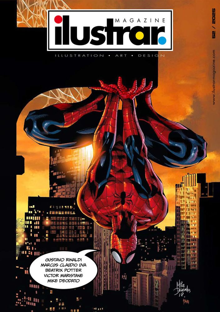 Drawing of Spider Man hanging upside down on a building with a city skyline as background. Image by Mike Deodato.