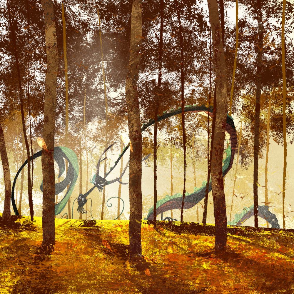Drawing of a dragon waking up with their eyes closed in the middle of a forest in the sunrise.