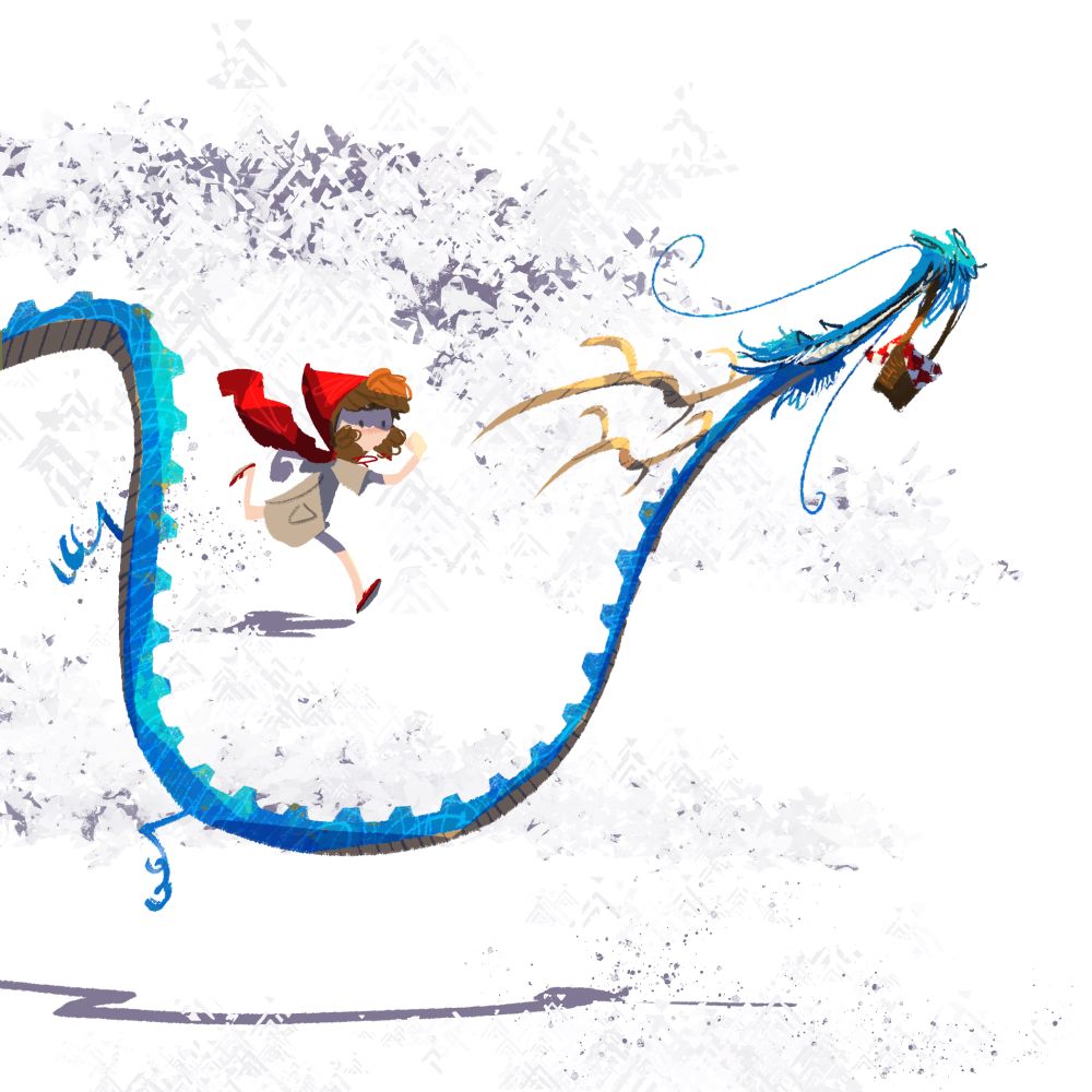Drawing of Little Red Riding Hood running to try and catch a blue flying dragon that caught her basket.