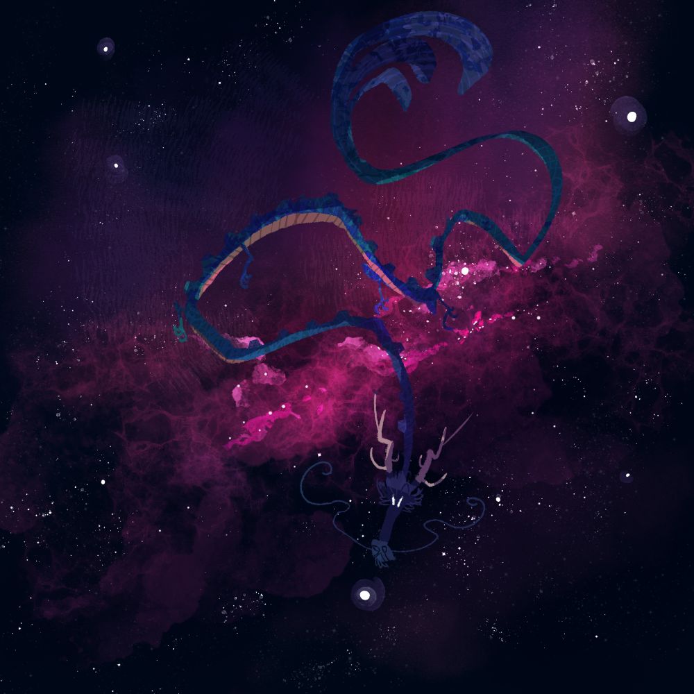 Drawing of a bluish dragon floating in space with a nebula behind them.
