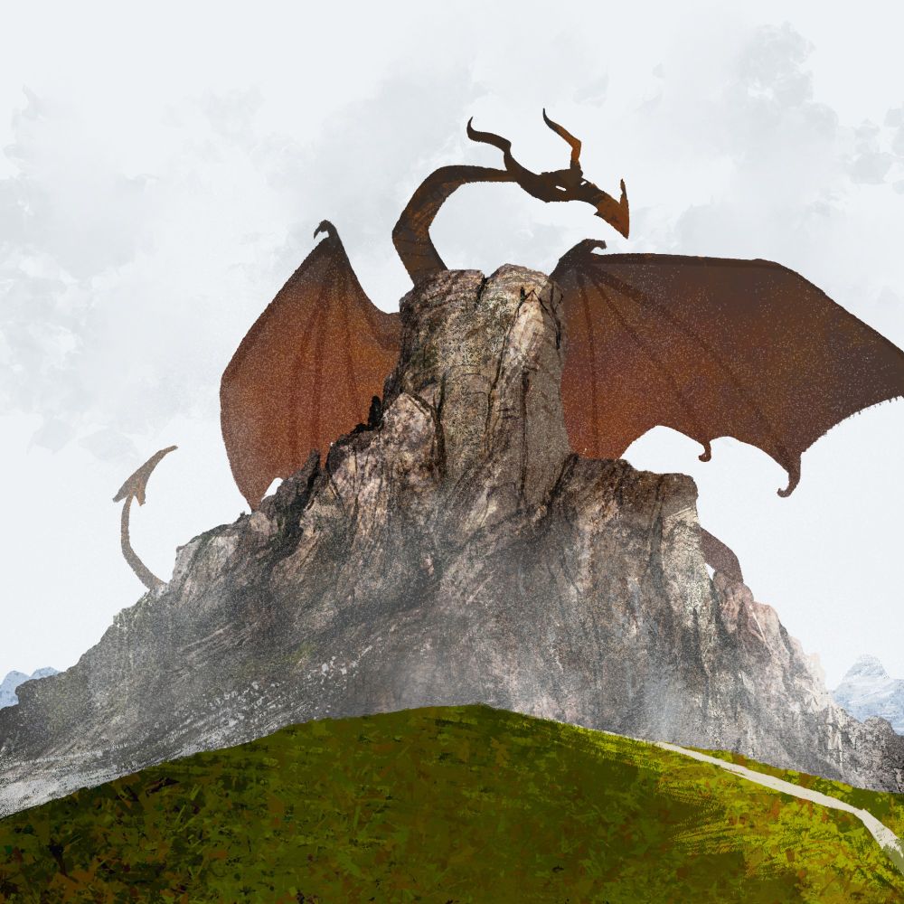Drawing of a reddish dragon with open wings on the top of a rocky mountain.