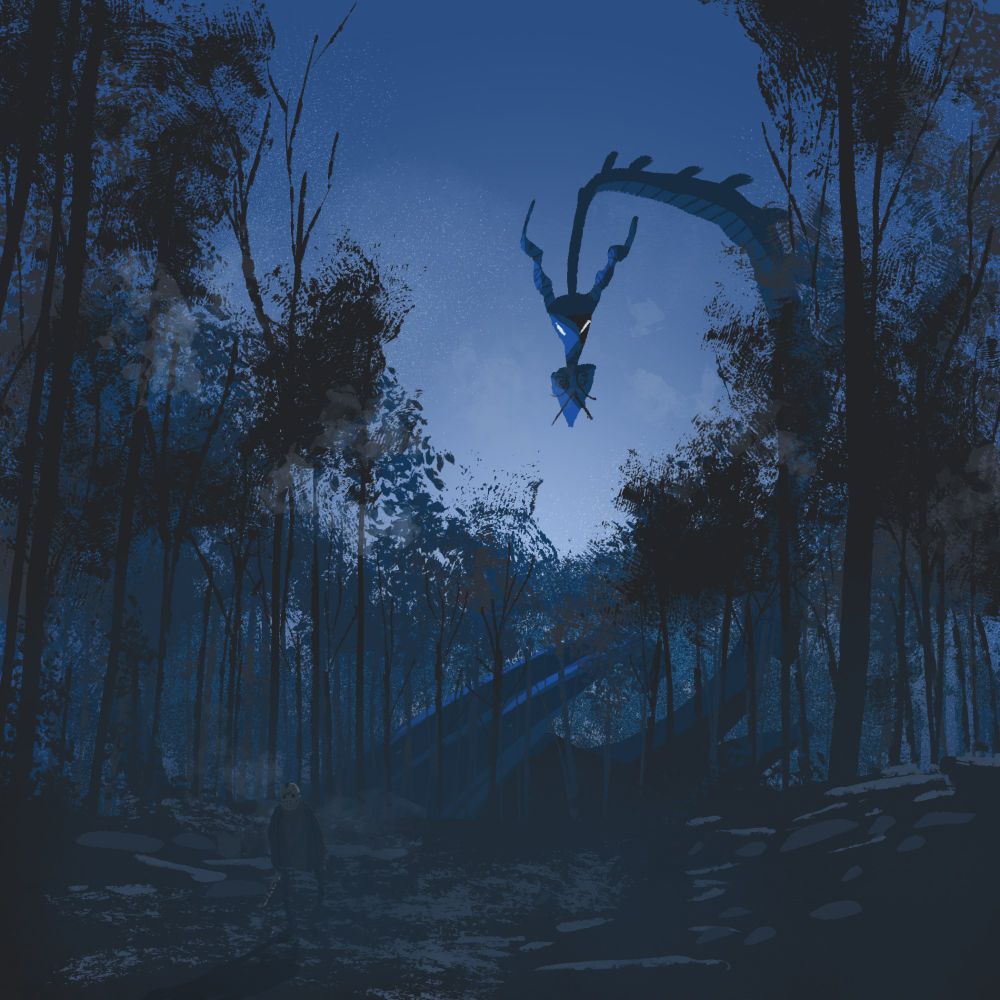 Drawing of a dragon raising their head above the trees canopies at night. They are looking at a barely visible person in the foreground. The person is wearing a hockey mask and carrying a machete.
