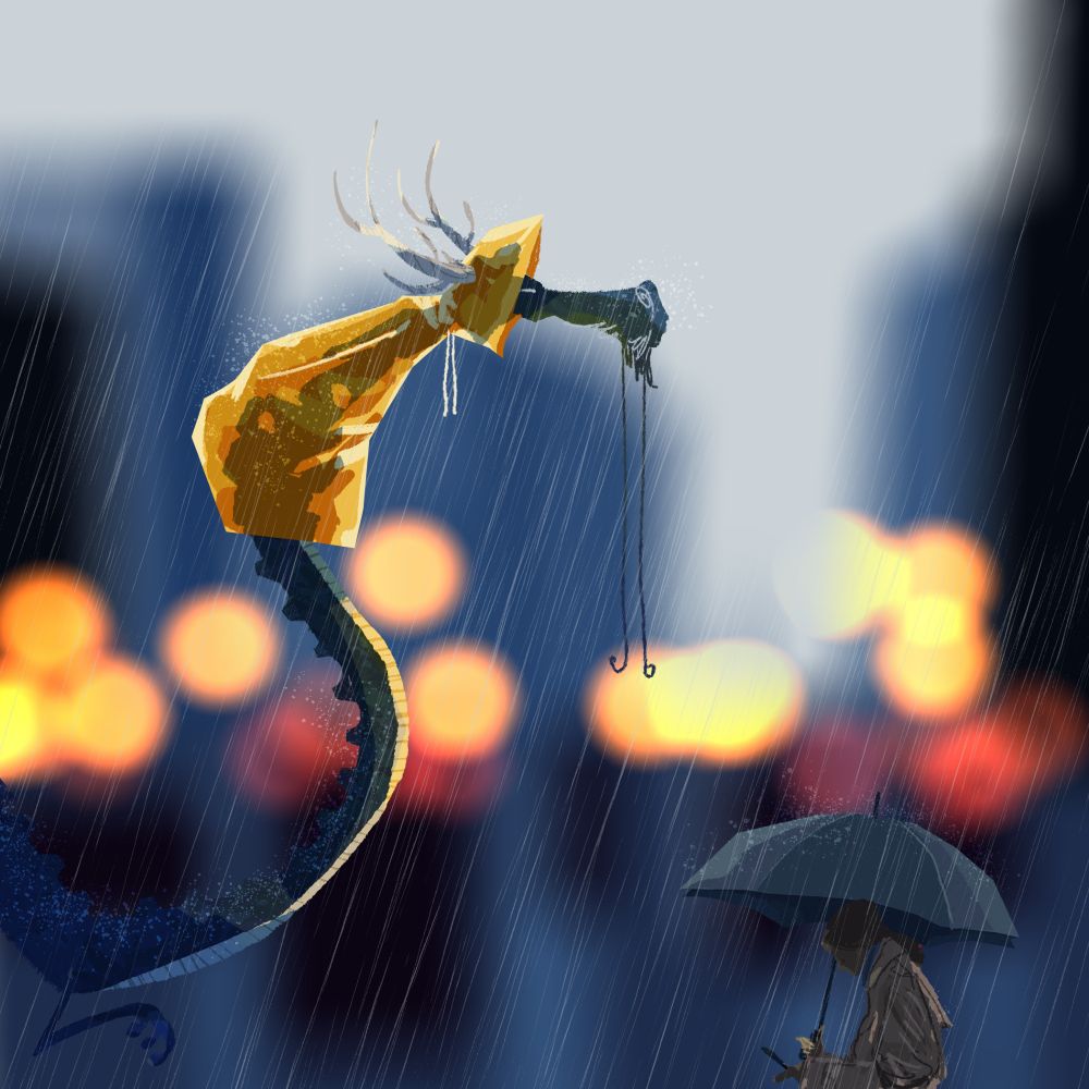 Drawing of a dragon wearing a raincoat crossing a city street in the rain while a woman holding an umbrella and looking at her tlephone crosses from the other side.