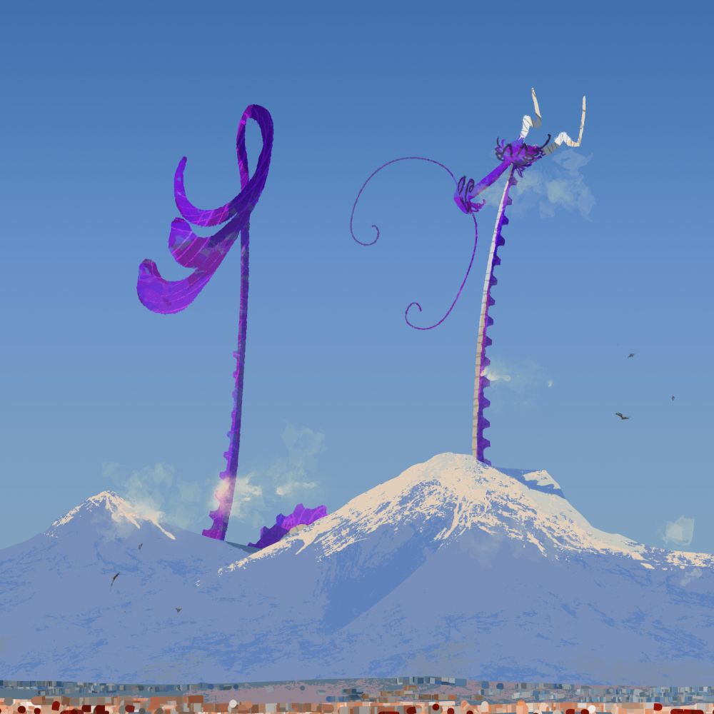 Drawing of a purple dragon with their tail and hrad up in the air. The dragon is behind a mountain with snow on top. There's also a tiny cityscape in the foreground.