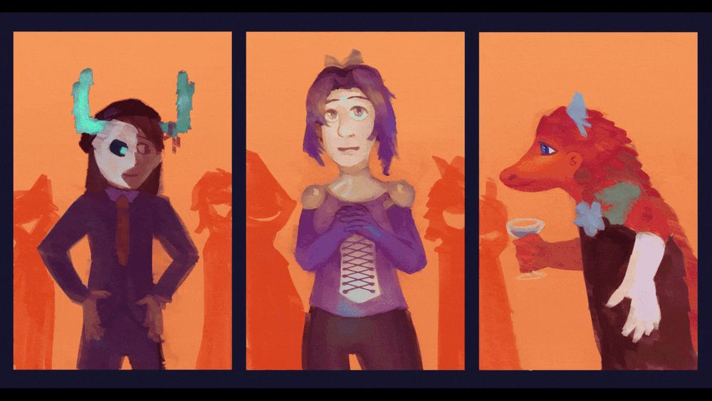 A digital painted GIF of Aimsey, Ros, and Pangi from The Realm. They are happy at the ball... until the image flickers and changes to them post-Null, unhappy and somber.