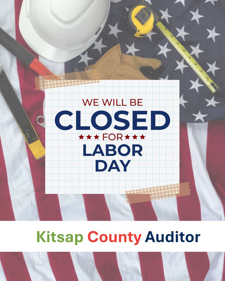 We will be closed for Labor Day. Photo is of an American flag with a hard hat and work tools.
