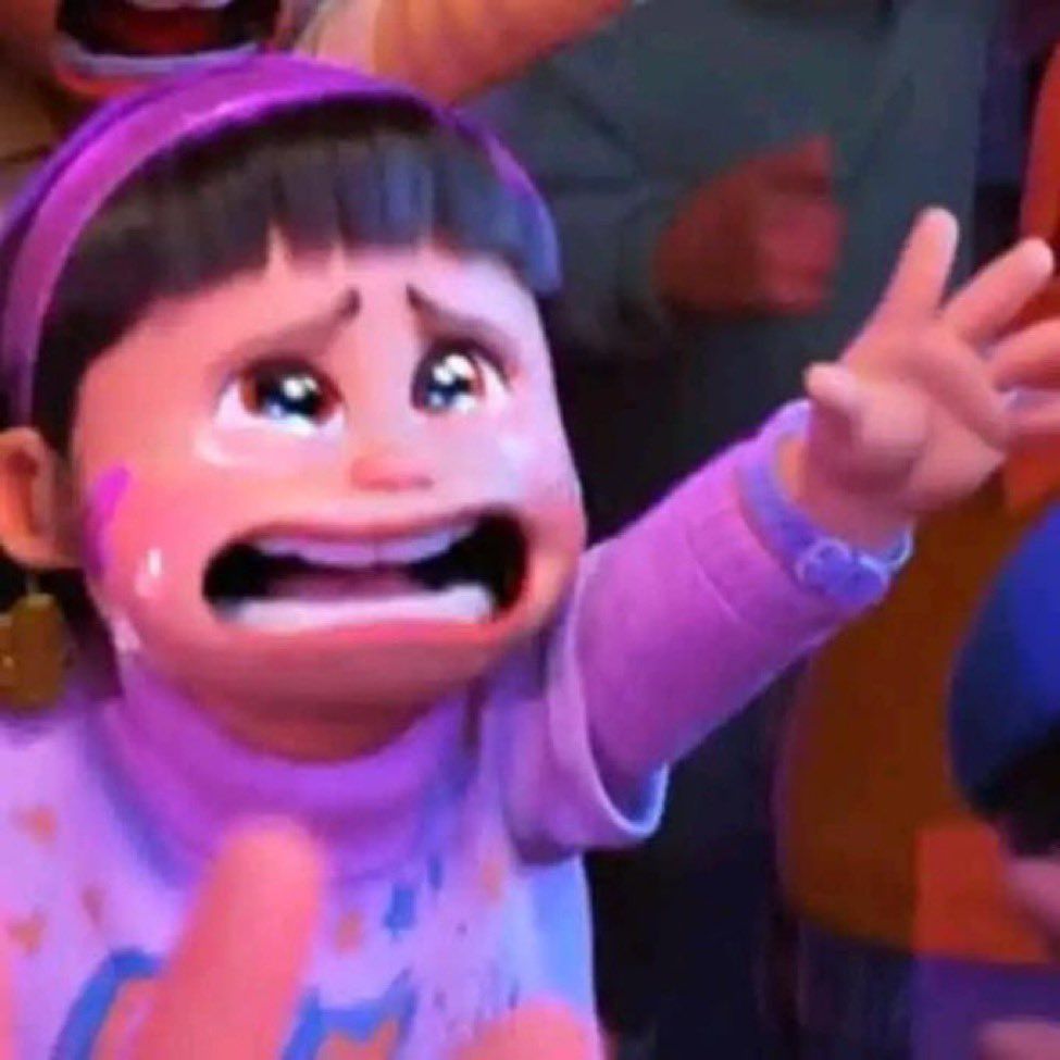Fried screenshot of little girl from Wreck It Ralph crying out to another character. Her left hand out is reached out as her enlarged animated eyes fill up with equally large animated tears.