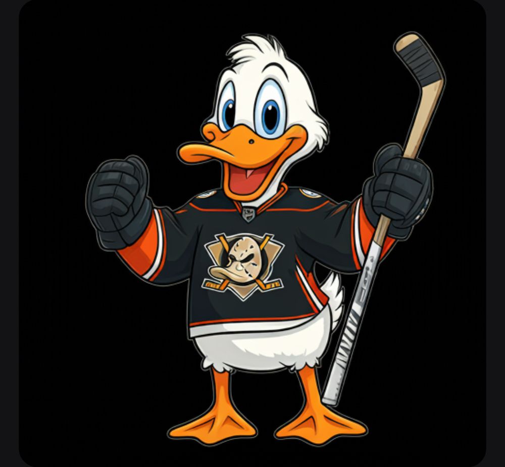 Cartoon of a duck wearing an Anaheim Ducks jersey holding a hockey stick, looking excited. 