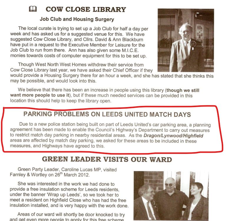 An article from a Green newsletter in 2012, titled "Parking problems on Leeds United Match Days".