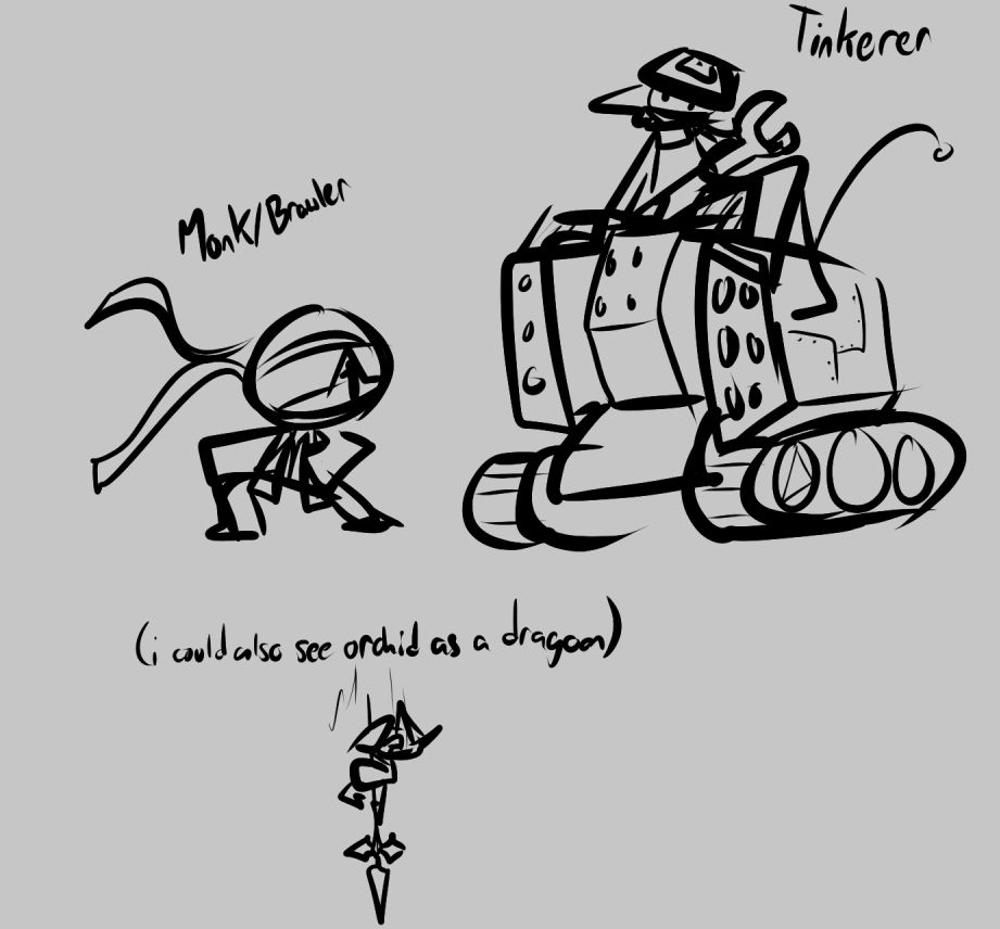 orchid and epiphyll with dark world designs ala deltarune
orchid has a bandana and is readied up to fight hand-to-hand, labeled monk/brawler based on the final fantasy RPG classes, next to epiphyll dressed in blacksmith attire and riding a large scrap metal mech, labeled as a tinkerer. there is a small doodle of an armored orchid with a spear caption "i could also see orchid a a dragoon"