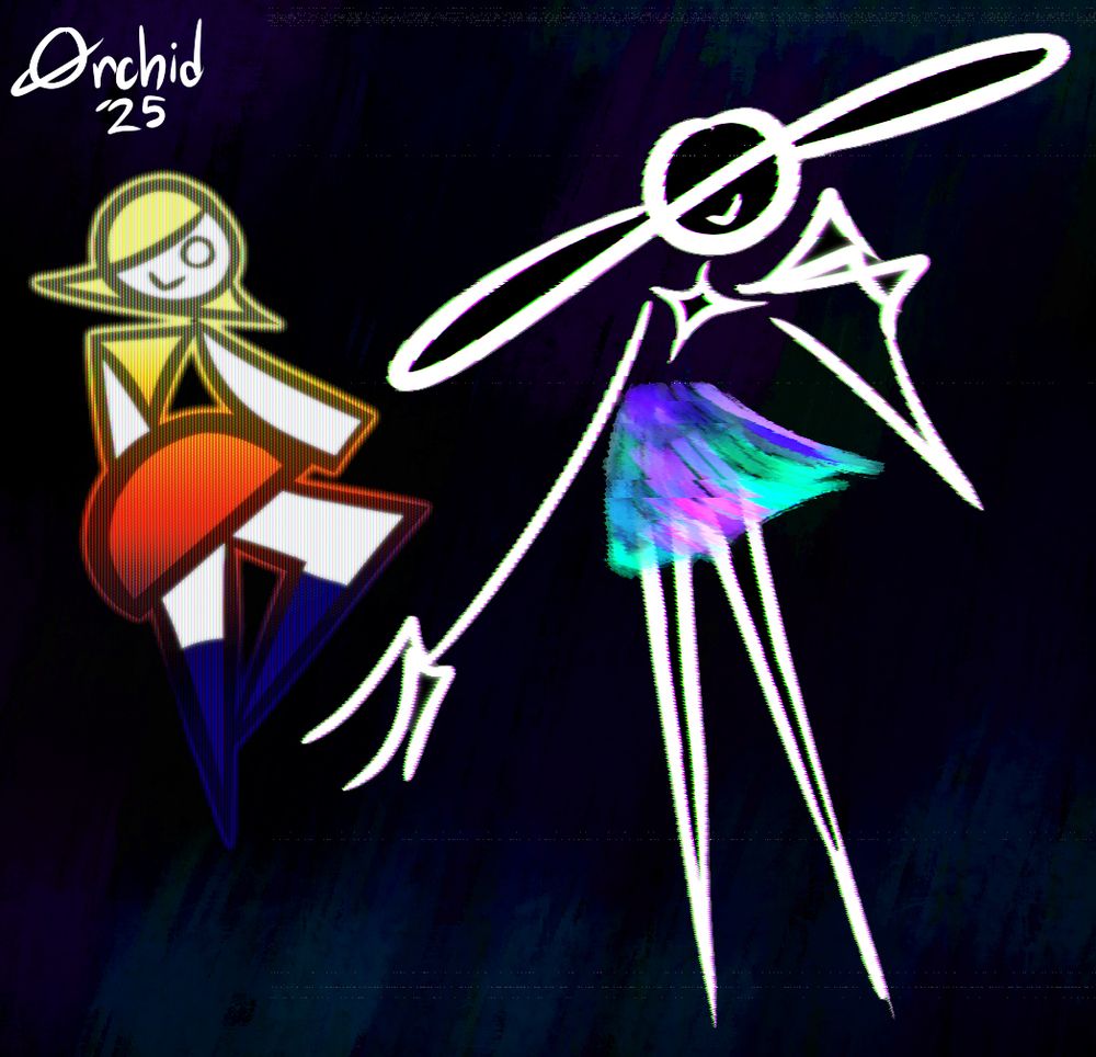 drawings of my characters Lily and North. lily is a computer assistant made of simplified geometric shapes, with a simple dress with a sunset gradient and a :> expression. she has a scanlines filter overlaid.
north is a tall, cosmic-aesthetic being made of spindly white filaments, with a star for a chest and a head shaped like a black hole that also resembles a wide sunhat. she has a skirt that resembles a vibrant aurora. she has a vhs filter overlaid.