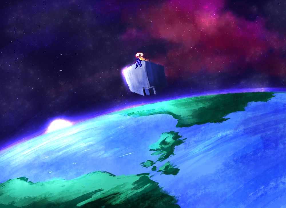 orchid sitting atop a bluish gray cube, floating in space above the surface of a blue planet.