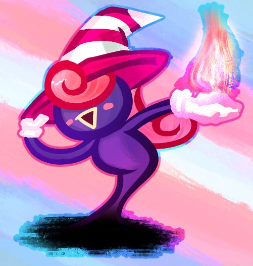 a drawing of vivian from paper mario: the thousand year door. she is holding her witch hat with one hand while displaying a flame to the viewer in the other. the background resembles a trans pride flag.