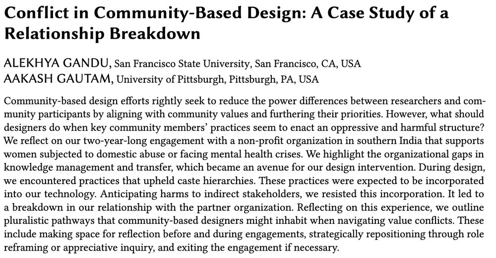 Screenshot of the paper and its abstract, which asks the question "what should designers do when key community members’ practices seem to enact an oppressive and harmful structure?"