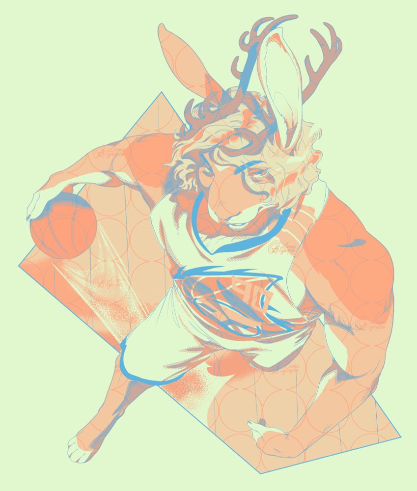 A commission of Leo’s furry OC Luther Kierkegaard, a tall and confident jackalope drawn from a birdseye view. He evasively dribbles a basketball between his legs to get past an unseen opponent. In this version he is wearing his team jersey which has the number 90 on it. The illustration is coloured using blue and orange which are his team’s main colours. 