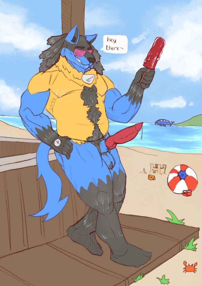 Rod, sporting an erection, as he is leaning against a counter at the beach holding a red melting popsicle as he is greeting the viewer