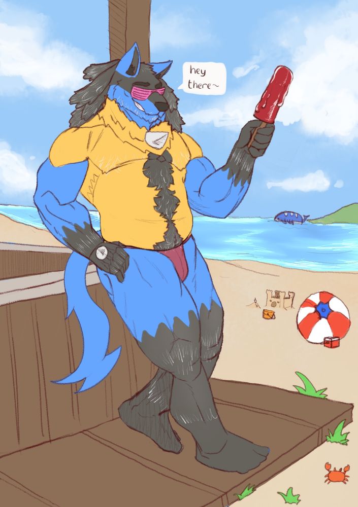 Rod wearing a speedo as he is leaning against a counter at the beach holding a red melting popsicle as he is greeting the viewer
