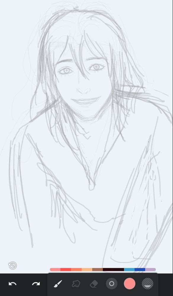 A screenshot of a digital drawing application called Infinite Painter. There is a grey sketch of Howl Pendragon. He has long hair and a poet shirt. It's a redraw of a scene in Howl's Moving Castle.