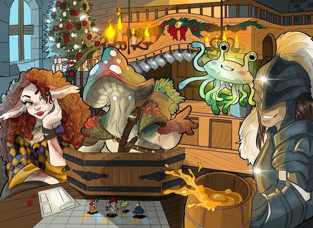 From left to right: a curly haired fey woman with emerald green eyes wearing a purple and orange winter coat in diamond pattern design, a mushroom man and a green glowing jellyfish, and a young man in gleaming plumed armor and a tankard of golden liquid. All of them sit around a table where the mushroom man is has set up a game of dungeons and dragons where they play themselves. The tavern background is set festively with a decorated tree with presents underneath.