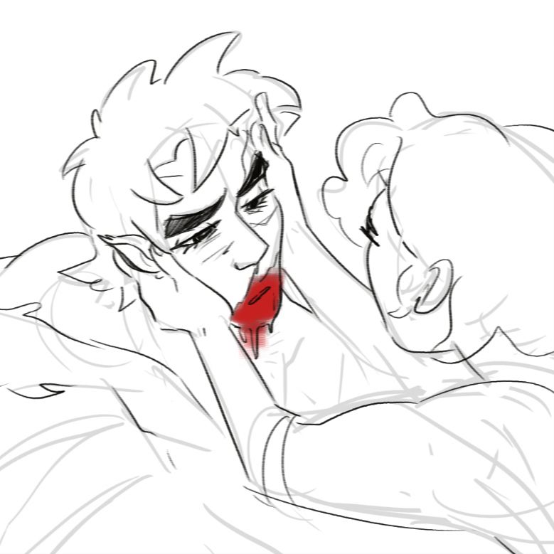 (sketch) a woman holds the face of another woman (the knight). The knight has blood on her chin and looks exhausted