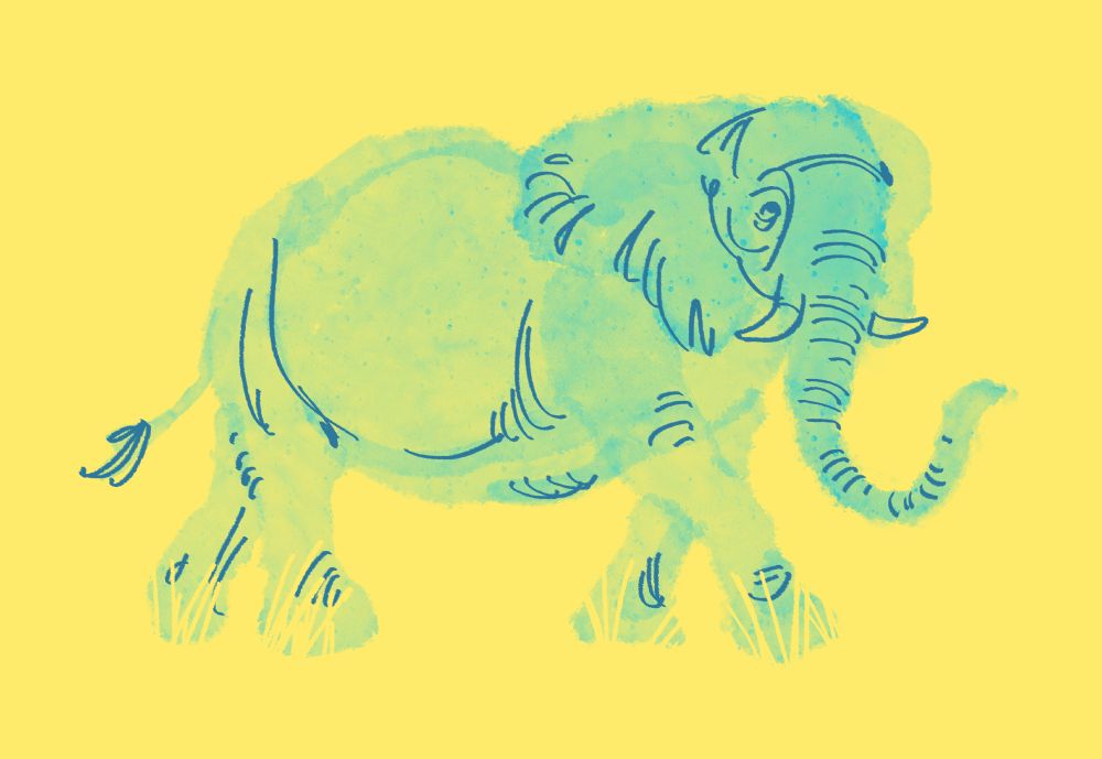 Digital illustration of a teal African elephant walking in the grass against a yellow backdrop. Its body is drawn in a watercolor style, with a darker blue outlining the face, ears and wrinkles.