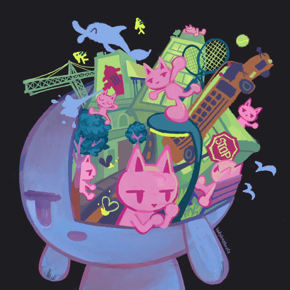 Digital illustration of a blue cartoon dog, with a chaotic city scene bursting from one quarter of their expressionless face. Multiples of the same pink anthro cat are walking or lounging around the scene. The scene includes neon green buildings, trees, a stop sign, lamppost, school bus, a dolphin, fish, and tennis rackets.