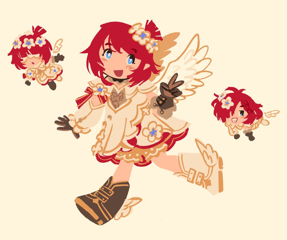 Tribbie skipping along side chibi versions of Trinnon and Trianne. Tribbie is making a peace sign and smiling, as the other two fly around.
