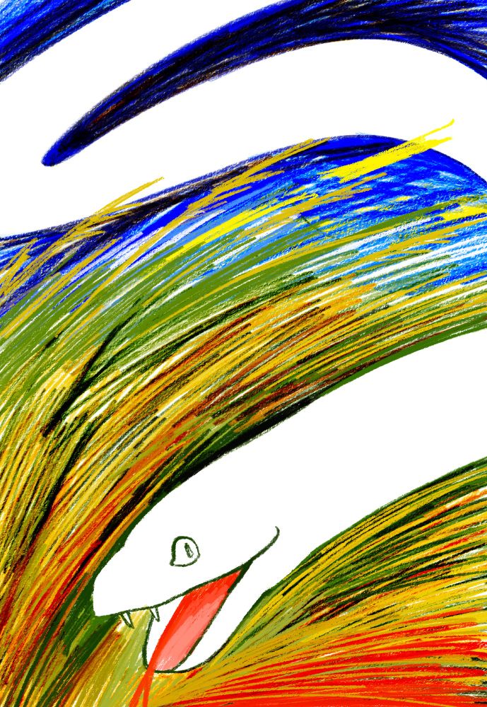 Digital illustration of a white snake curving down from a dark blue sky into a green, yellow and red field. The grass is drawn with long, sweeping lines emphasizing speed.