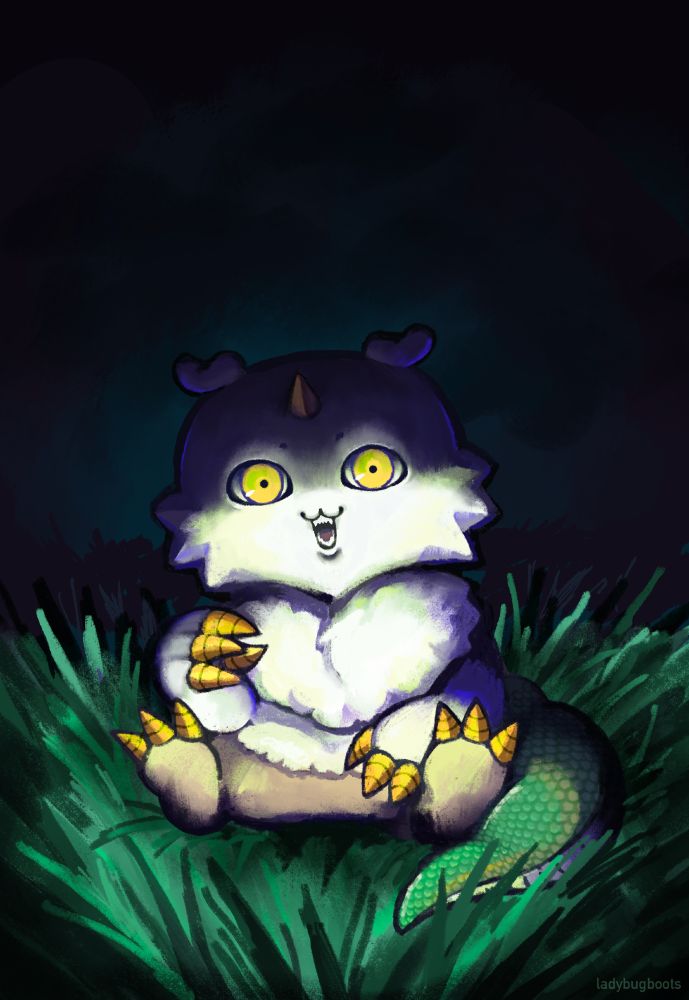 Digital illustration of Anoko from Chiikawa. They are sitting in a grassy field at night, a bright light shining on them from the front, illuminating their unsettling stare. They are smiling with their mouth open, tiny sharp teeth visible.
