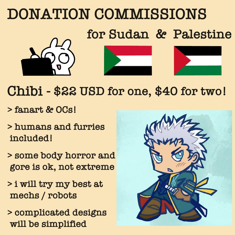 Donation commission info sheet for digital art of a character in a chibi style. One is 22 USD, and two is 40 USD. The same terms apply as the other commission type, but it also includes humans and furries. The example is Vergil from Devil May Cry, drawn with line art of varied weight and colored with flat colors.