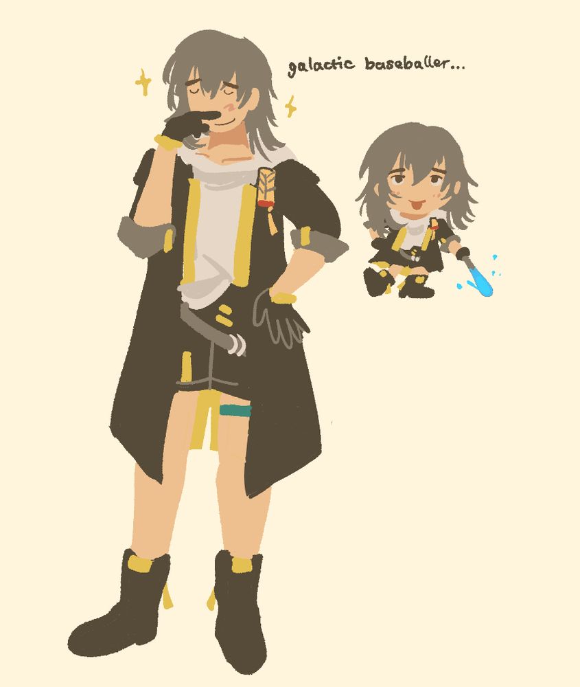 Digital illustrations of Honkai Star Rail characters in a lineless art style. Stelle is standing with one hand on her hip, one finger under her nose. She is closing her eyes with a slight smile, an air of perhaps misplaced confidence indicated by some sparkles. Next to her is the text: "Galactic baseballer..."  and a chibi version of her leaning against her glowing bat.