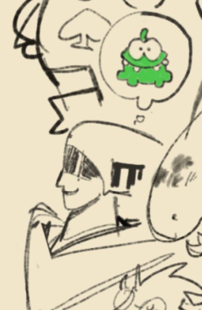 Uncolored doodle of Queen thinking of Om Nom from Cut The Rope.