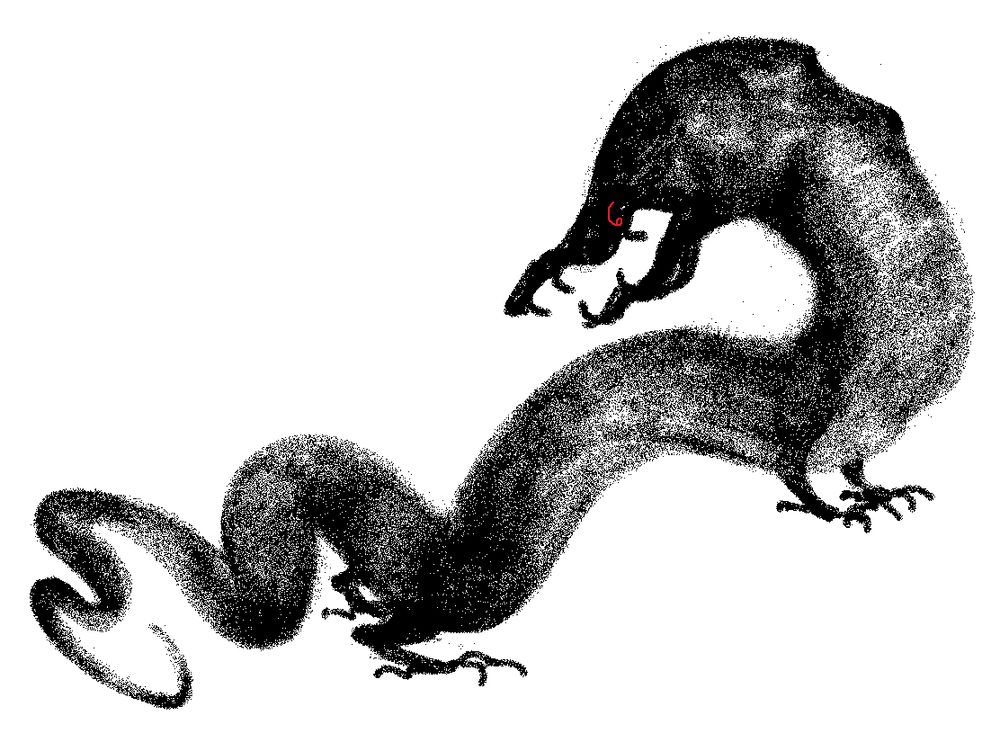 Digital illustration of a black reptilian creature with a moray eel like head, toothy mouth, four clawed feet, and a long neck, body and tail. Its eye is red and shaped like the number 6. It's drawn with a pixel airbrush, denser in some areas, appearing lighter in less dense parts against the white background.