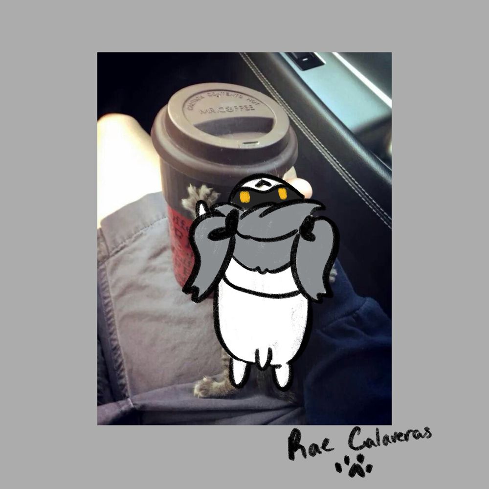 Murder drones J as a small dog like creature trying to drink coffee 