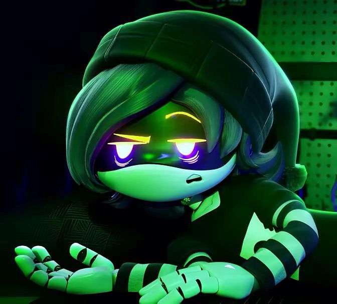 Murder drones Uzi screenshot of a render by glitch. She is in her pajamas and laying on her side. She has a annoyed expression because something worker her up. She has her right arm out palm up 🫴.