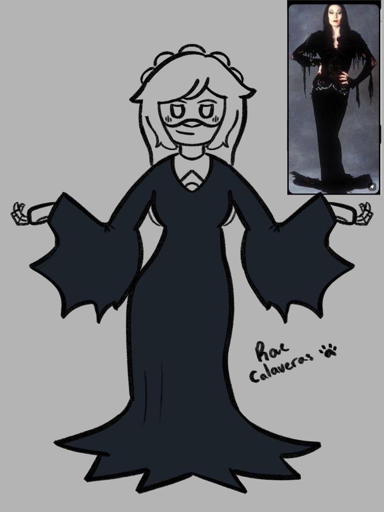 Murder drones J dressed as mortician addam from the Addams Family.