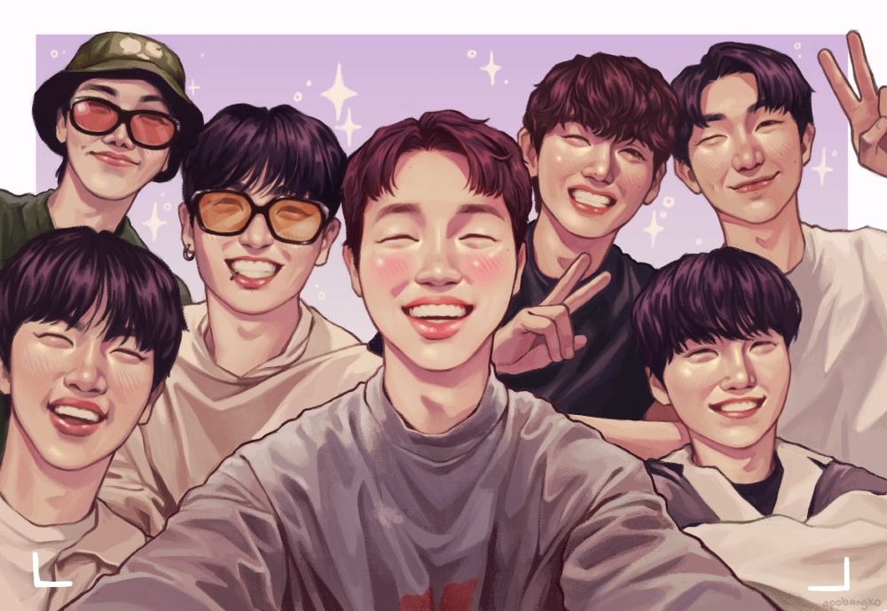 group photo from BTS first live of 2025, jimin in the middle smiling holding the camera with taehyung, namjoon flashing peace signs and yoongi on the right smiling, jin jungkook and hobi smiling on the opposite side. purple background with sparkles 