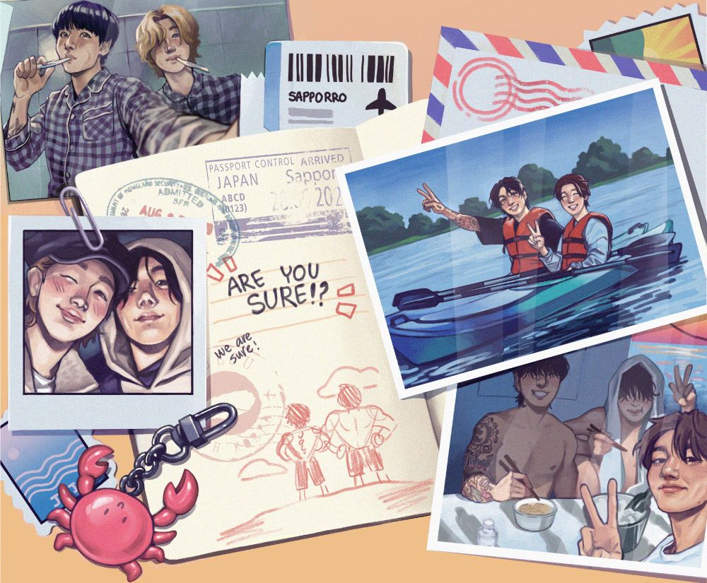 drawing of scattered photos over a travel notebook with doodles and country stamps, from top to bottom: jikook brushing their teeth, jikook in the kayaks, poloroid of jikook selfie in the car and vminkook on the boat eating noodles. plane tickets and crab keychain also visible 