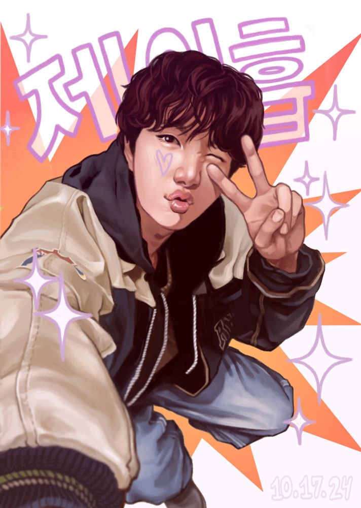 art of jhope kneeling and giving a peace sign with his name in hangul in the back 