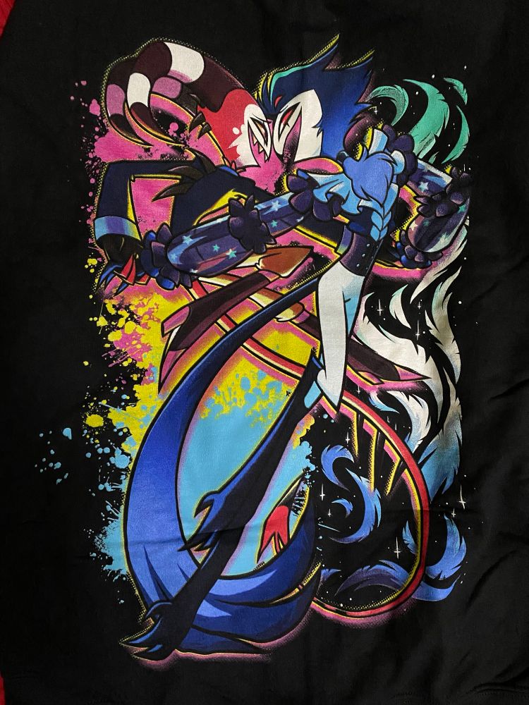 Photo of the back of my Stolitz pride hoodie from Hot Topic, which has art of them dancing while looking into each other’s eyes with their flag colors behind them