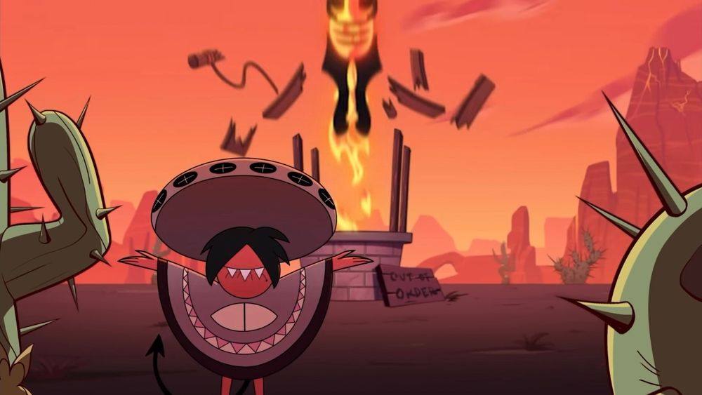 Screenshot from Western Energy of Striker ending up in Wrath by coming out of an out-of-order well, as the teacup imps continue singing