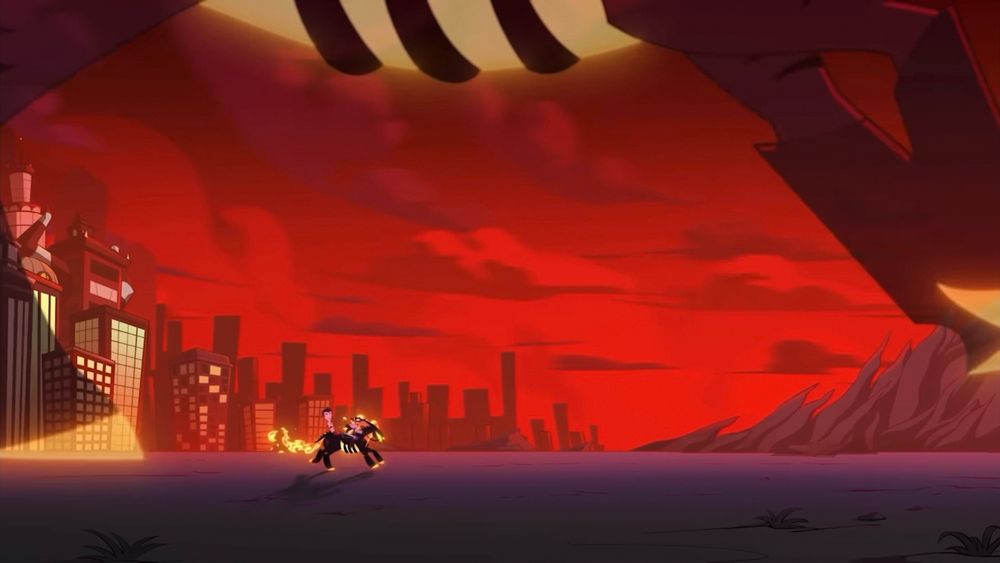 Screenshot from Western Energy. It’s a wide shot of Striker kidnapping Stolas on his hell horse, with the background showing the transition from Pride’s cities to a more Wrath-like barren landscape. 