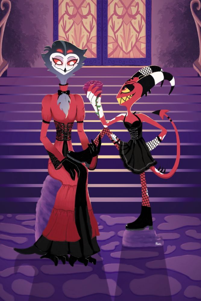 Digital art of Stolas and Blitz in dresses, set in front of Stolas’ palace stairs at night. Stolas is wearing a full-length red and black Victorian-esque dress with long sleeves, and he’s sitting in a poised manner on a tall rock. Blitz is standing on a shorter rock while wearing a short black dress with black heeled boots and fishnets, one leg bent up to rest on Stolas’ lap. A small dagger can be seen strapped to his thigh. He’s holding a flower between him and Stolas as he grins devilishly, and Stolas is running a hand along Blitz’s leg. For context, both of the dresses referenced in this piece were ones I wore for prom back in middle and high school. 