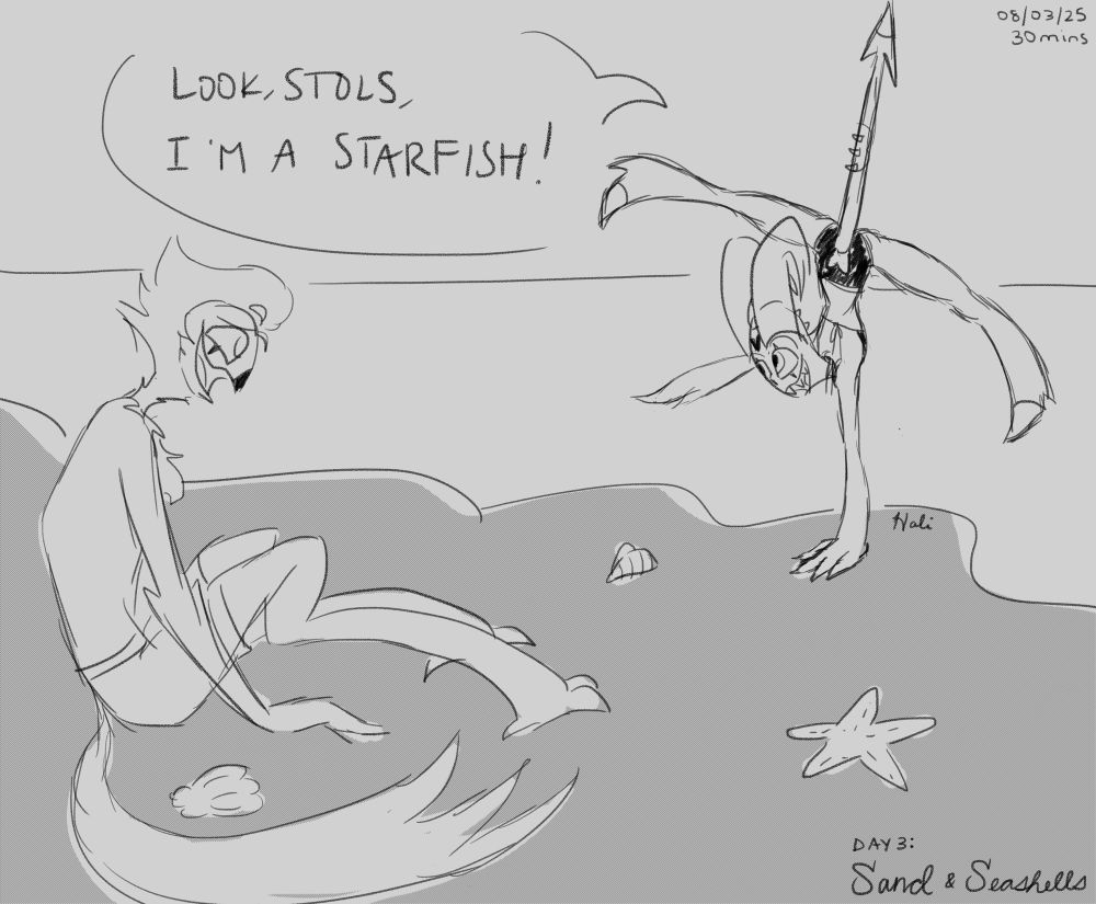 Digital sketch of Blitz and Stolas at the beach. Blitz is balancing on one hand with his other limbs and tail stretched out while saying, “Look, Stols, I’m a starfish!” Stolas is watching him with a bemused expression as he sits in the sand. 