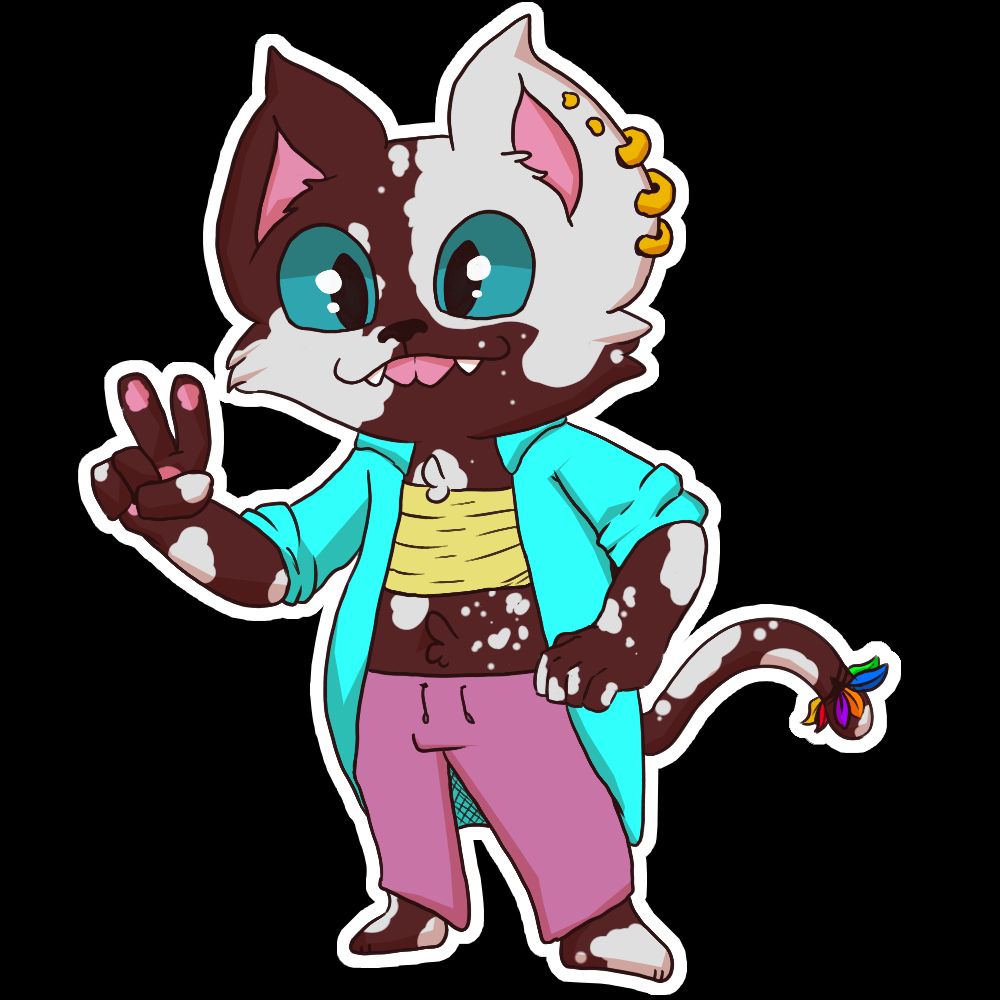 A brown and white anthropomorphic cat wearing a long blue shirt rolled up to the elbows, a yellow bandage-binder, and pink sweatpants. On their tail are six feathers - yellow, red, purple, orange, blue, and green. They are sticking out their tongue and giving a peace sign with their right hand while their left hand rests on their hip. In their left ear are six gold piercings, none in the right ear. 