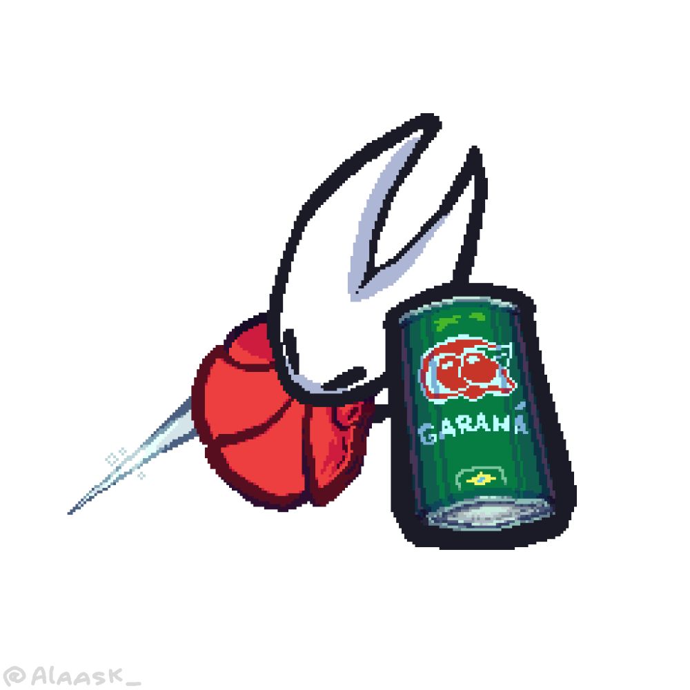 Hornet do jogo Hollow Knight vista de cima segurando com uma mão sua arma-agulha e na outra uma latinha de refrigerante da marca Guaraná incorretamente escrito "Garaná".