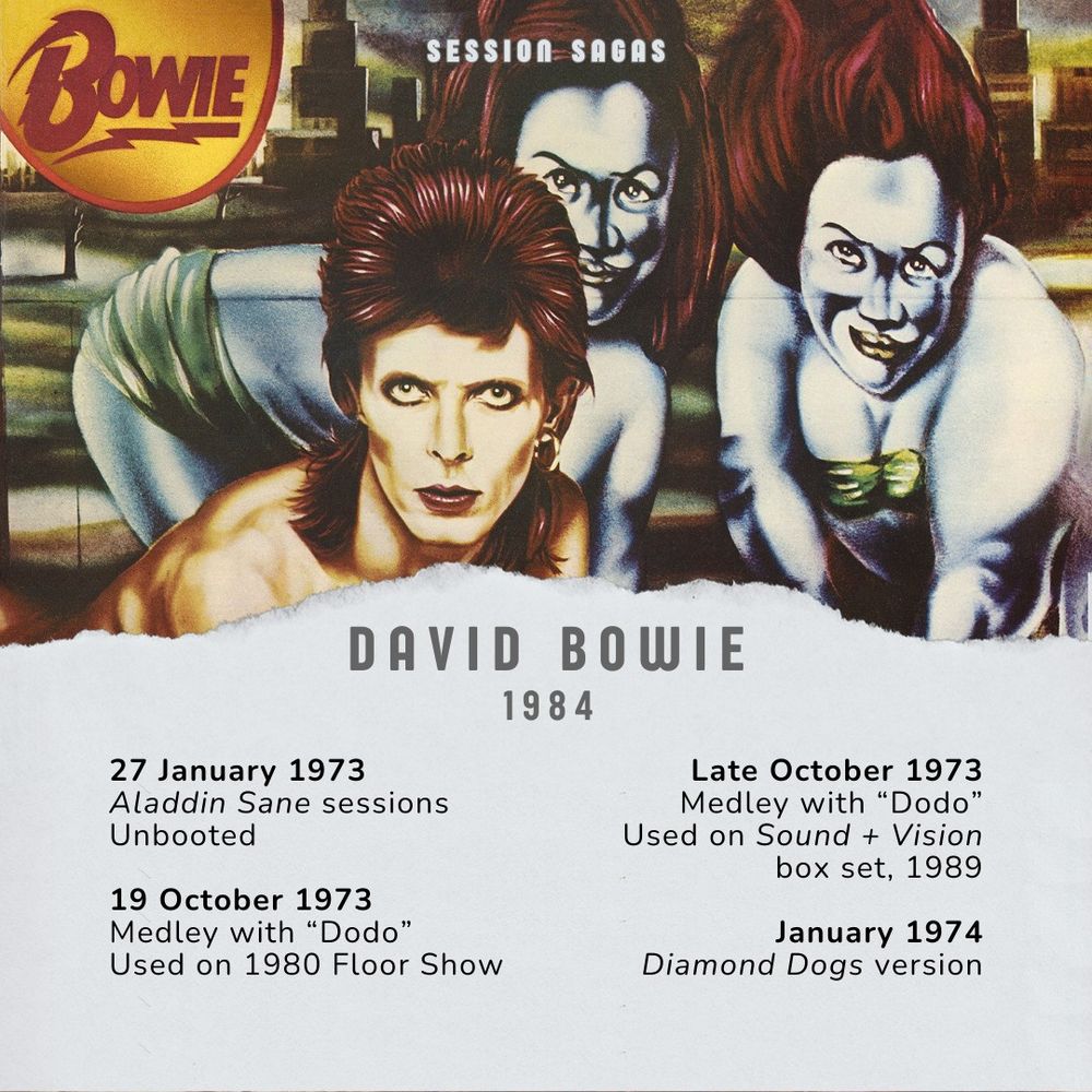 Sessionography design involving Diamond Dogs (1974) album cover featuring the text "David Bowie: 1984. 27 January 1973: Aladdin Sane sessions, unbooted. 19 October 1973: Medley with “Dodo”, used on The 1980 Floor Show. Late October 1973: Medley with “Dodo”, released on the “Sound + Vision” box set, 1989. January 1974, Diamond Dogs version."