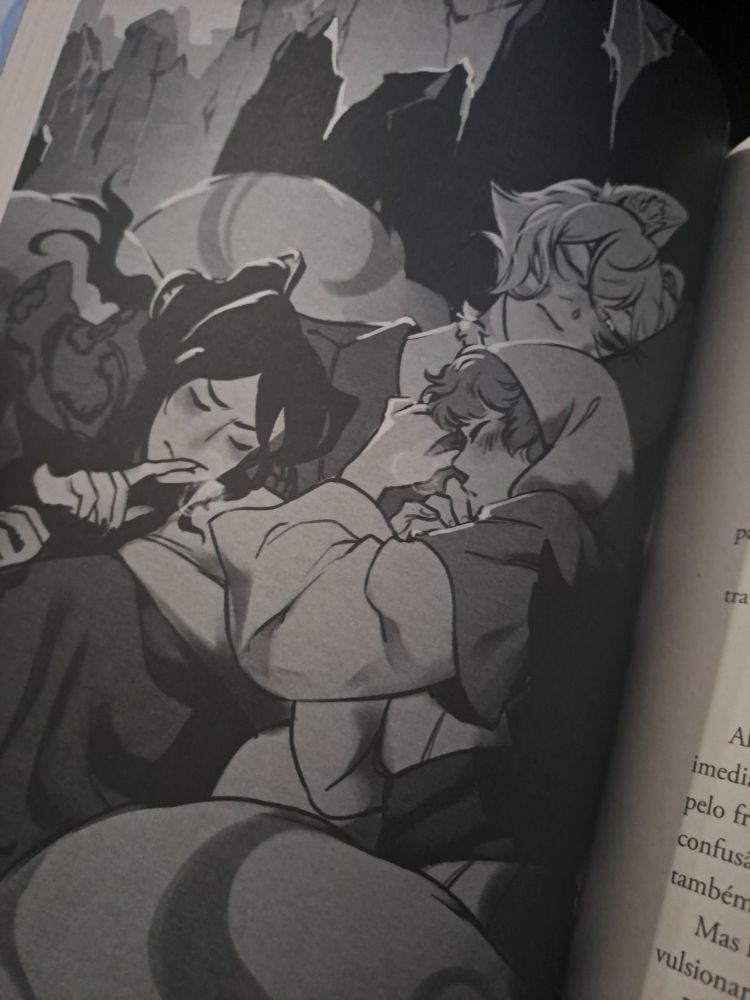 Ilustração interna de Zen com Yusuke e Tetsurou deitados sob ele, envoltos em suas caldas de raposa. Os humanos de olhos fechados agarrados a ele, que os observa.